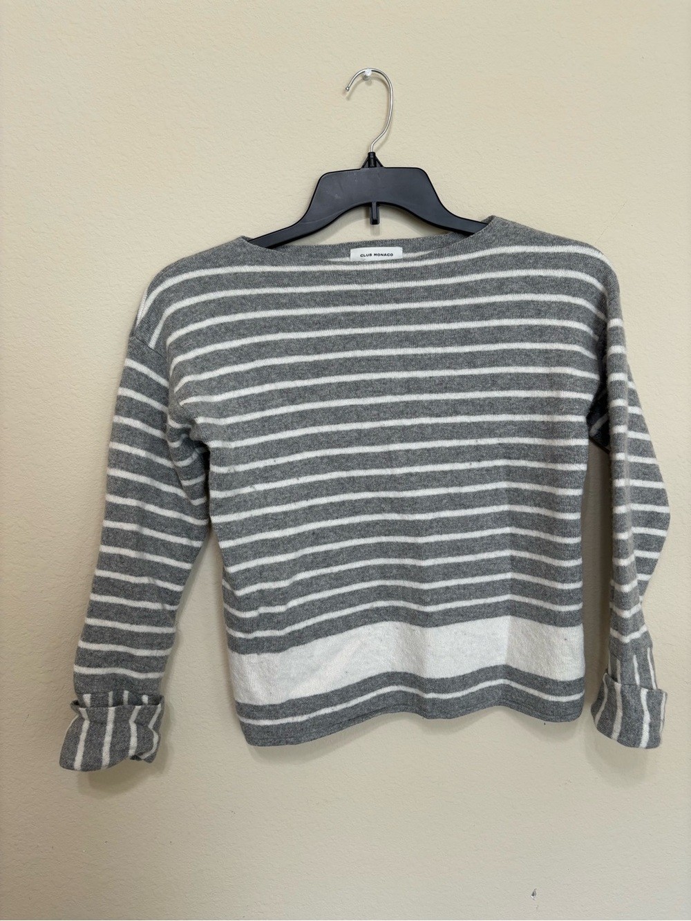 Club Monaco Gray and White Striped Cotton Sweater